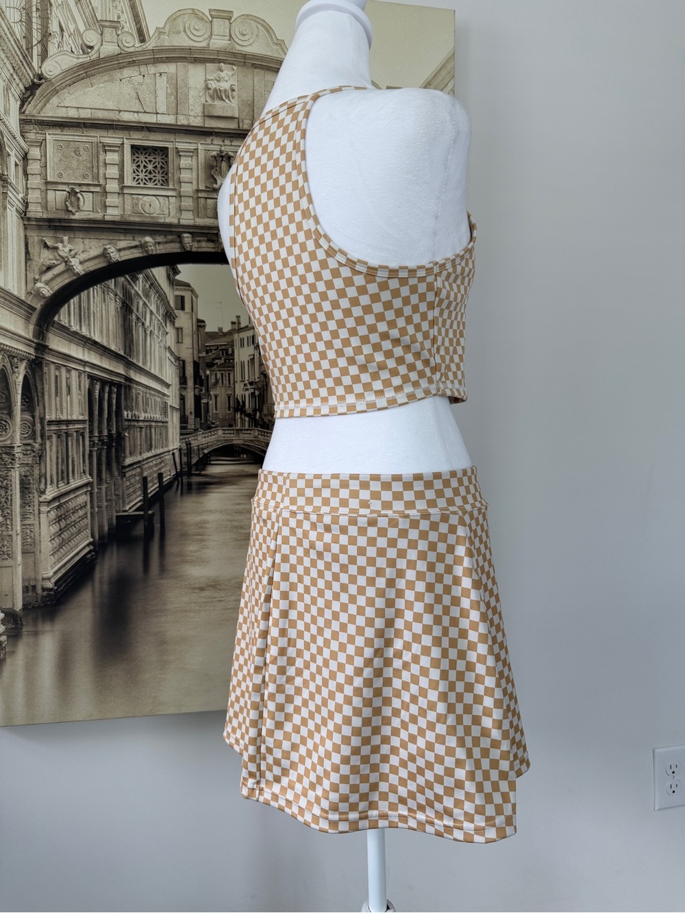 Like New Checkerboard Halter Crop Top & Skirt Set - Beige - Picture 11 of 16